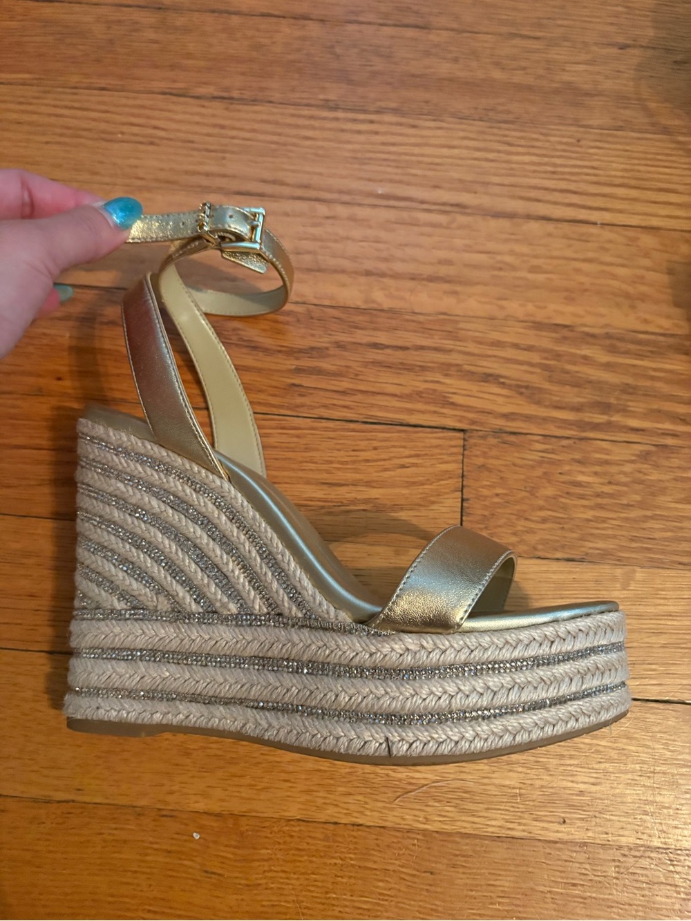NWT Michael Kors Pale Gold Ankle-Strap Espadrille Wedges sz 6.5 - Picture 6 of 7